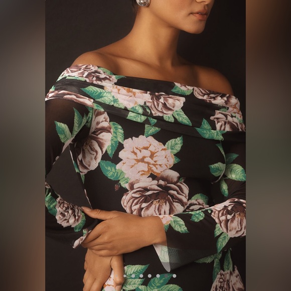 WITH TAGS AFRM LONG SLEEVE OFF THE SHOULDER MESH MAXI DRESS in BLK MOTIF sz S - Picture 8 of 11